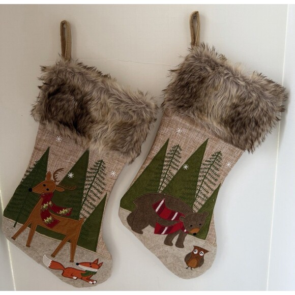 Lot 2 Christmas Appliqué Stockings Rustic Woodland Fox Deer Owl Bear Faux Fur - Picture 1 of 9